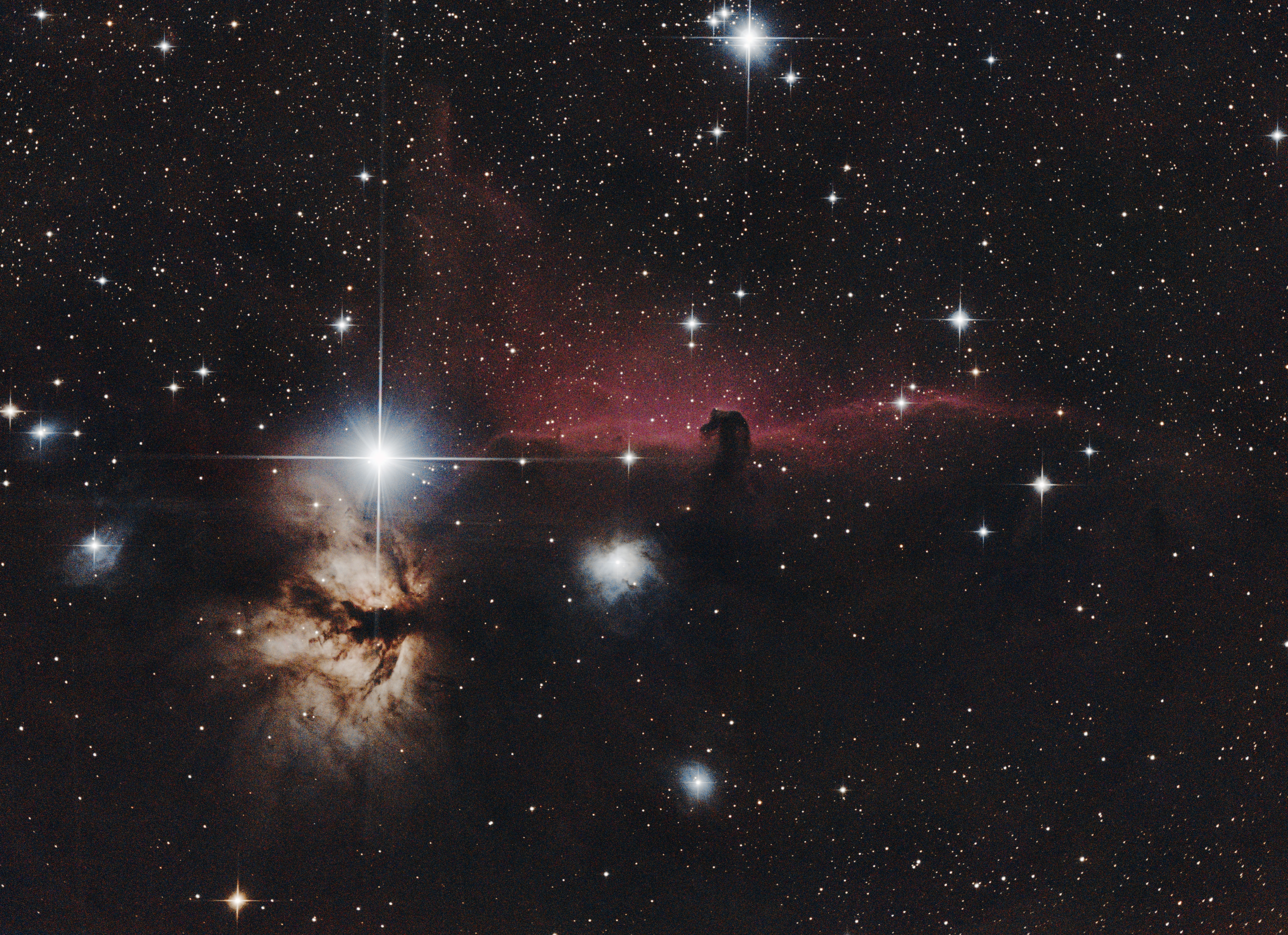 IC434 and friends from December 21, 2023 &ndash; $40 \times 3 \mathrm{min}$ (2hr) unfiltered exposures plus $6 \times 10 \mathrm{min}$ (1hr) UHC filtered exposures (3hr total) with the α7C. Acquired with NINA and PHD2. Processed with Processed with Siril. Click for full resolution.