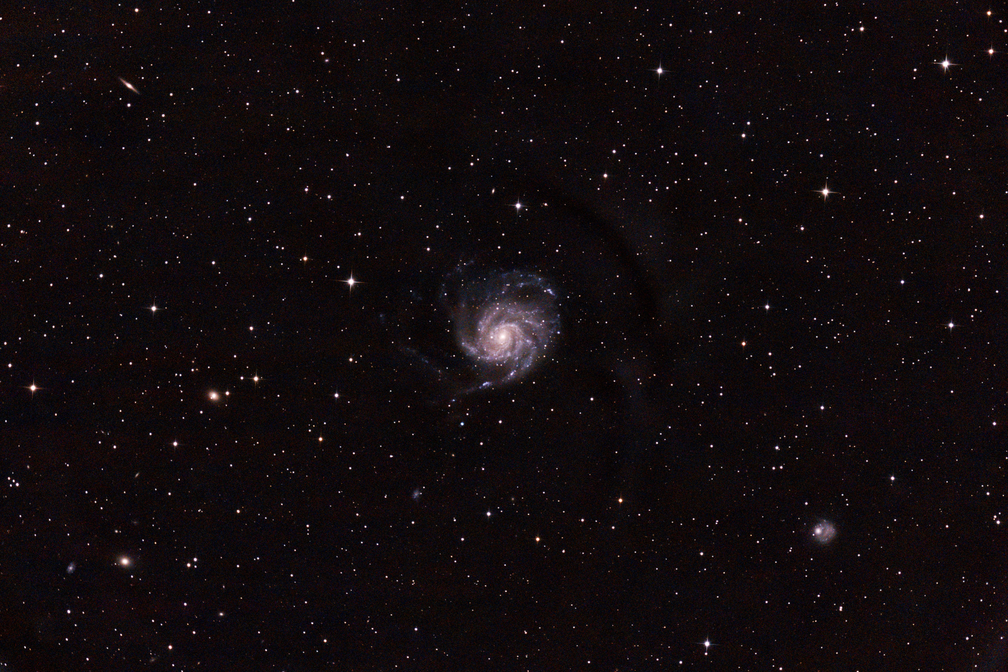 M51 from Feburary 24, 2024 &ndash; $120 \times 2 \mathrm{min}$ exposures (6hr total) with the α7C. Acquired with INDI + KStars/Ekos. Processed with Siril. The flat calibrations were a bit off here as well &mdash; a darker region to the upper right of the galaxy.