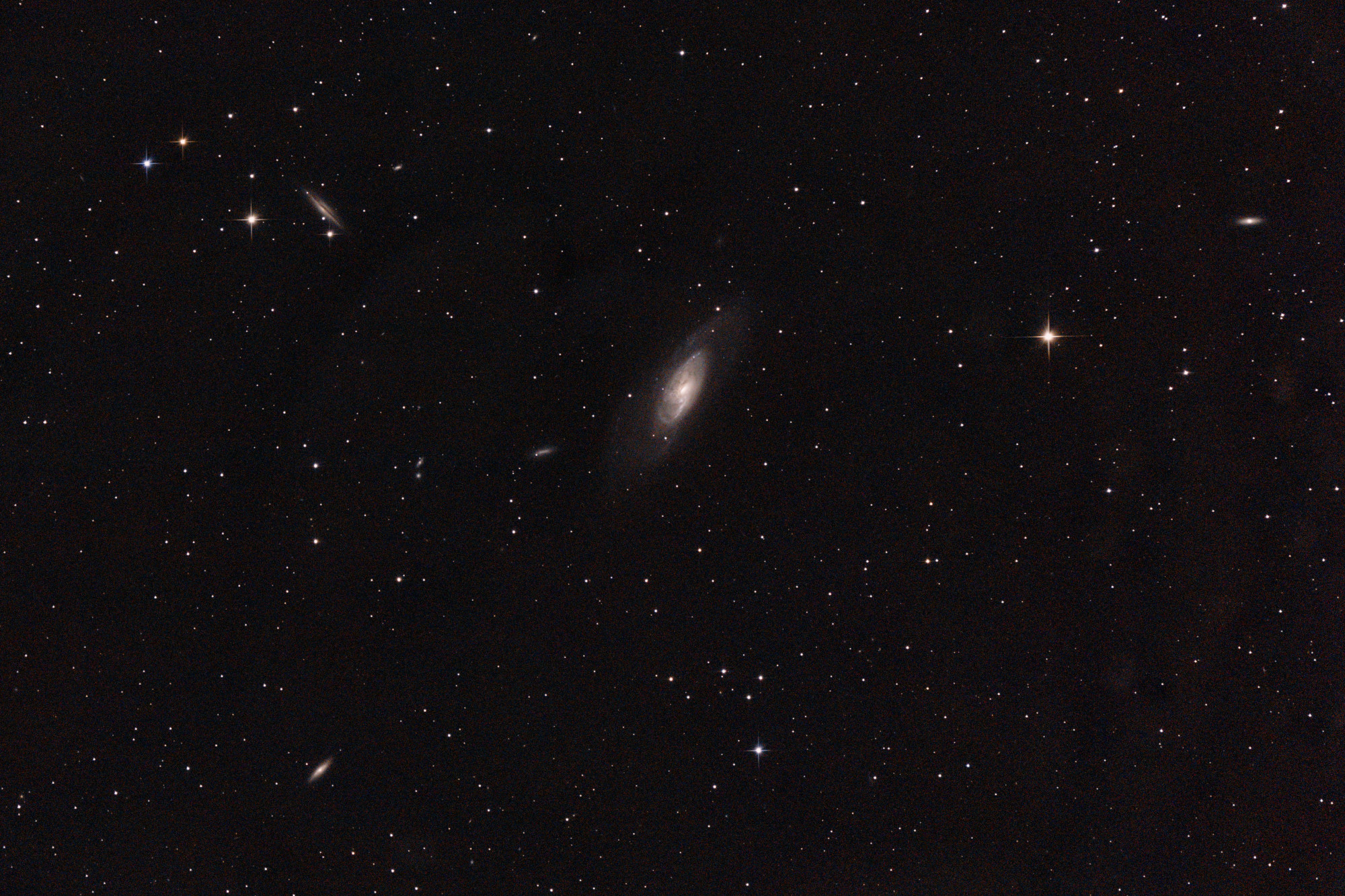 M106 from Mar 22, 2024 &ndash; $45 \times 2 \mathrm{min}$ exposures (1h30m total) with the Sony α7C. Acquired with INDI + KStars/Ekos. Processed with Siril. I took this before the M51 image, waiting for M51 to become visible, just to practice. It only has dark and bias calibration, unfortunately.