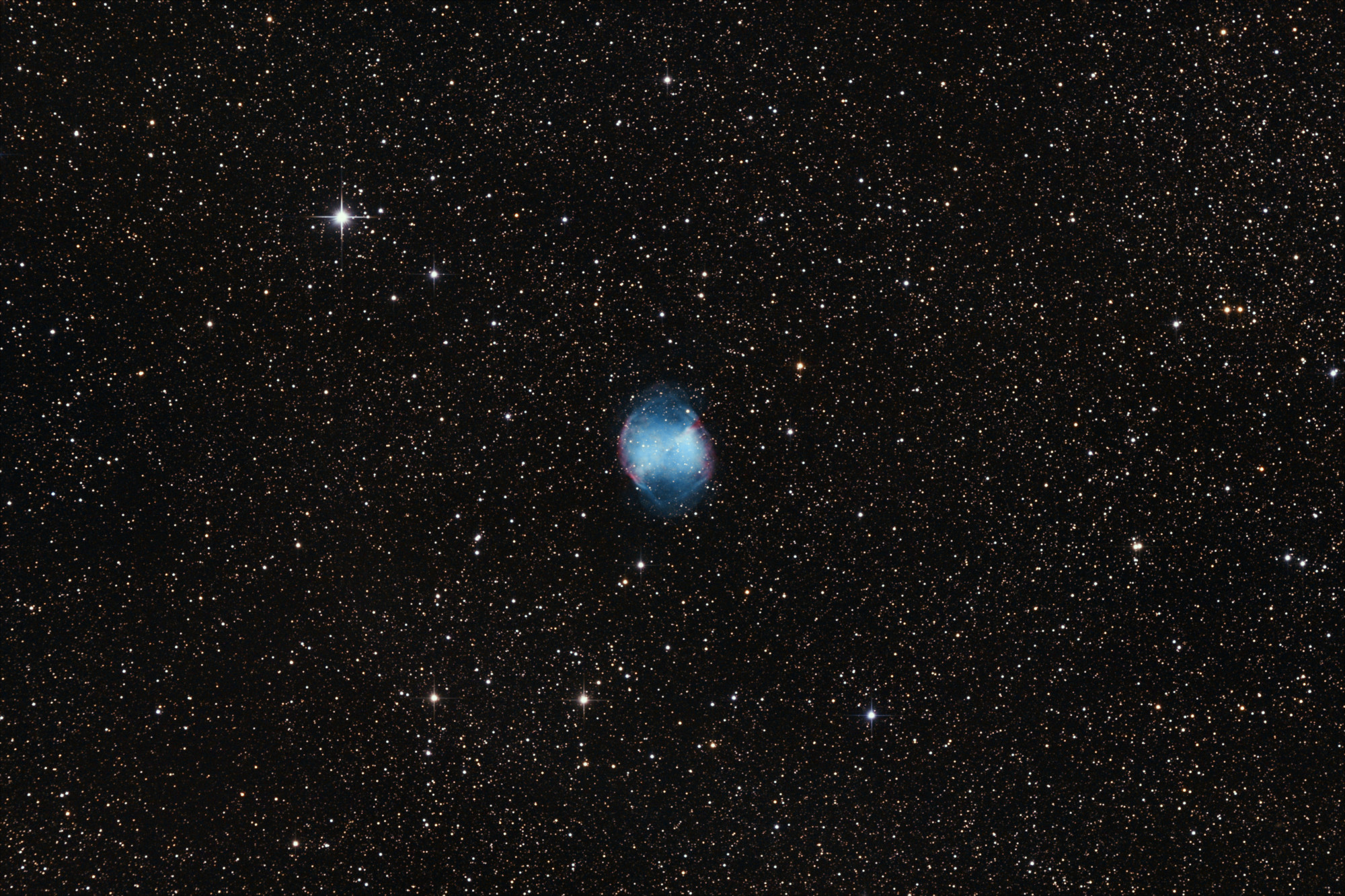 M27 from August 30, 2024 &ndash; $54 \times 4 \mathrm{min}$ exposures (3h36m total) with the α7C. Acquired with INDI + KStars/Ekos. Processed with oscdeeppy. Click for full resolution.