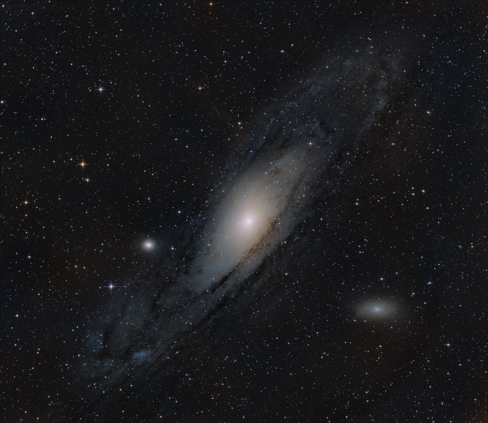 M31 and friends from September 14, 2024 &ndash; $30 \times 4 \mathrm{min}$ exposures (2h total) with the Sony α7C. Acquired with NINA and PHD2. Processed with Siril. Note the perspective flip, which the Sony body performs but the ZWO camera does not.