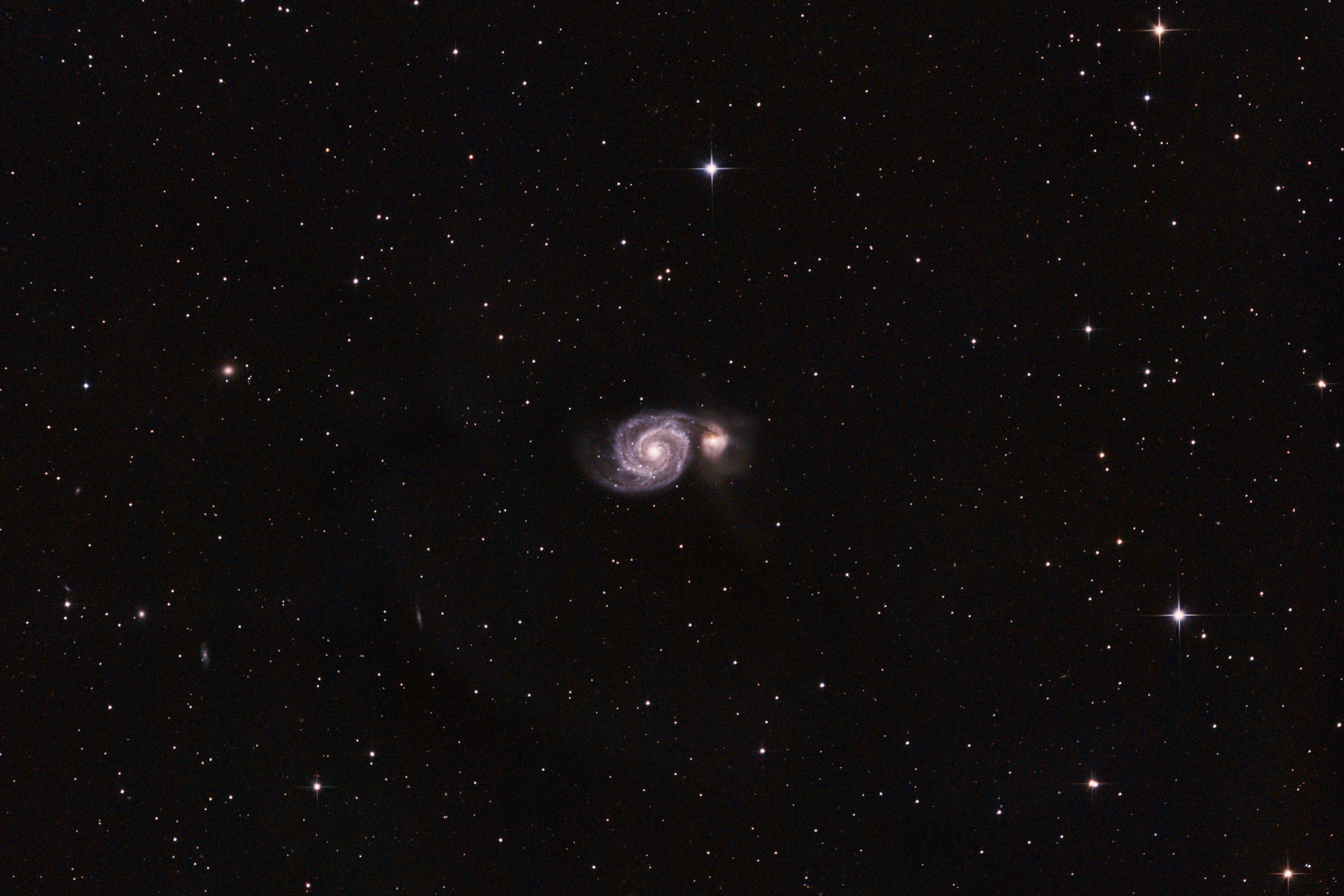 M51 from March 21, 2024 &ndash; $45 \times 4 \mathrm{min}$ exposures (3hr total) with the α7C. Acquired with INDI + KStars/Ekos. Processed with oscdeeppy. This is one of my favorites, even if the flat calibrations were a bit off &mdash; note a darker region to the lower left of the galaxy due to miscalibration.