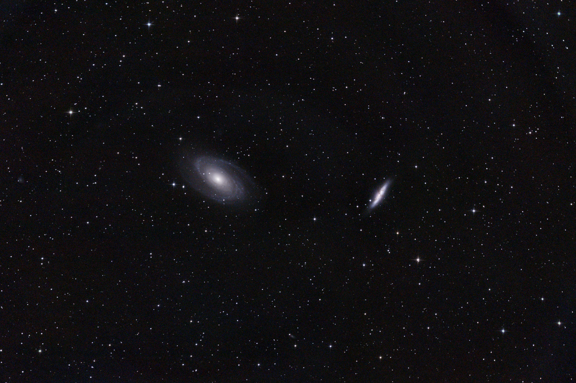 M81 and M82 from February 7, 2024 &ndash; $9 \times 4 \mathrm{min}$ exposures (36m total) with the Sony α7C. Acquired with INDI + KStars/Ekos. Processed with oscdeeppy. This was taken at the end of a session, resulting in low integration time and therefore high noise.