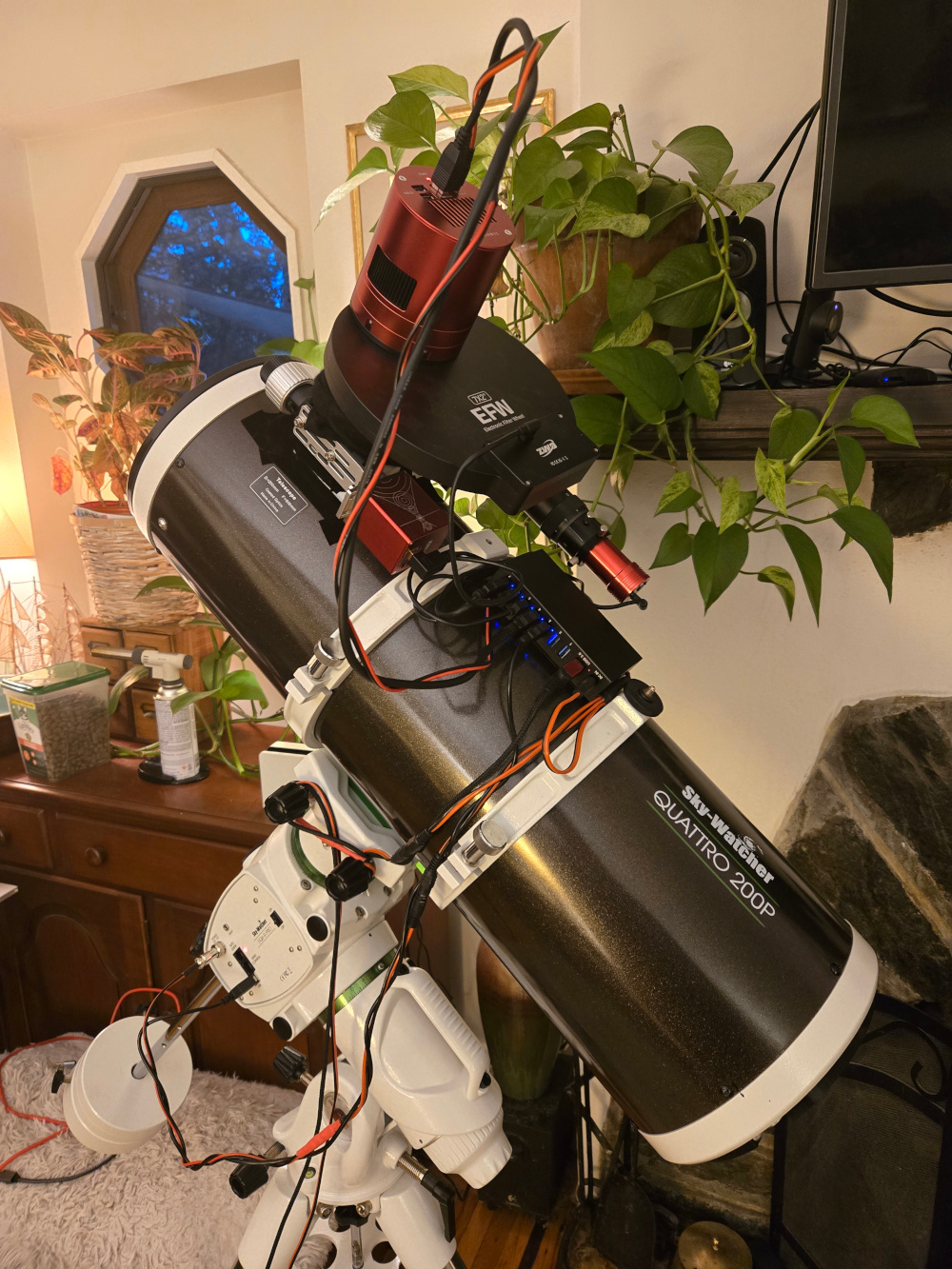 Another picture of the not-new telescope &ndash; I have very few of the new one yet &ndash; showing the mono camera assembly with filter wheel enclosure. This is how to take the highest resolution RGB images and also how to take narrowband falsecolor images.  You can also see the new cabling and hub in this image.
