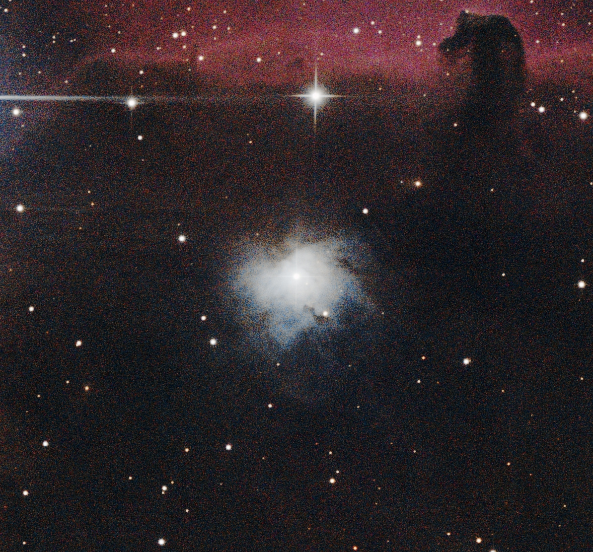 NGC2023 cropped from the above for clarity. This reflection nebula is not an optical artifact, unlike most other light around bright stars. The illuminating star is dead center.