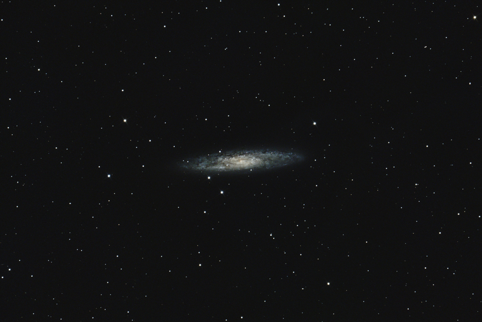 NGC 253 from October 5, 2024 &ndash; $20 \times 5 \mathrm{min}$ exposures (4h20m total) with the ASI2600MC-Pro @ -10C. Acquired with INDI + KStars/Ekos. Processed with Siril. Note that this was taken with a cooled camera and has substantially less noise.