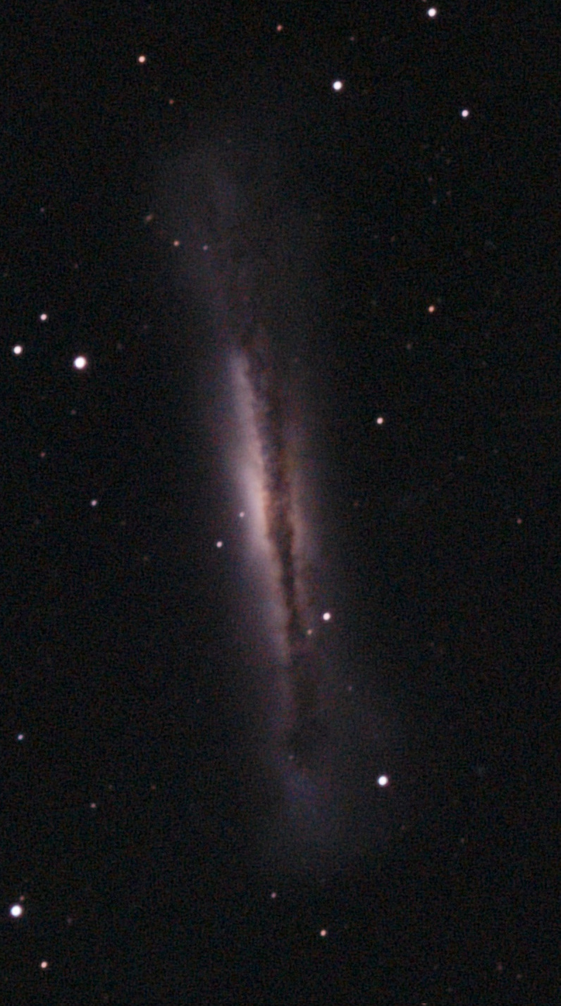 NGC3628 is nearly edge-on and its dust clouds block much of the light from the galaxies stars.