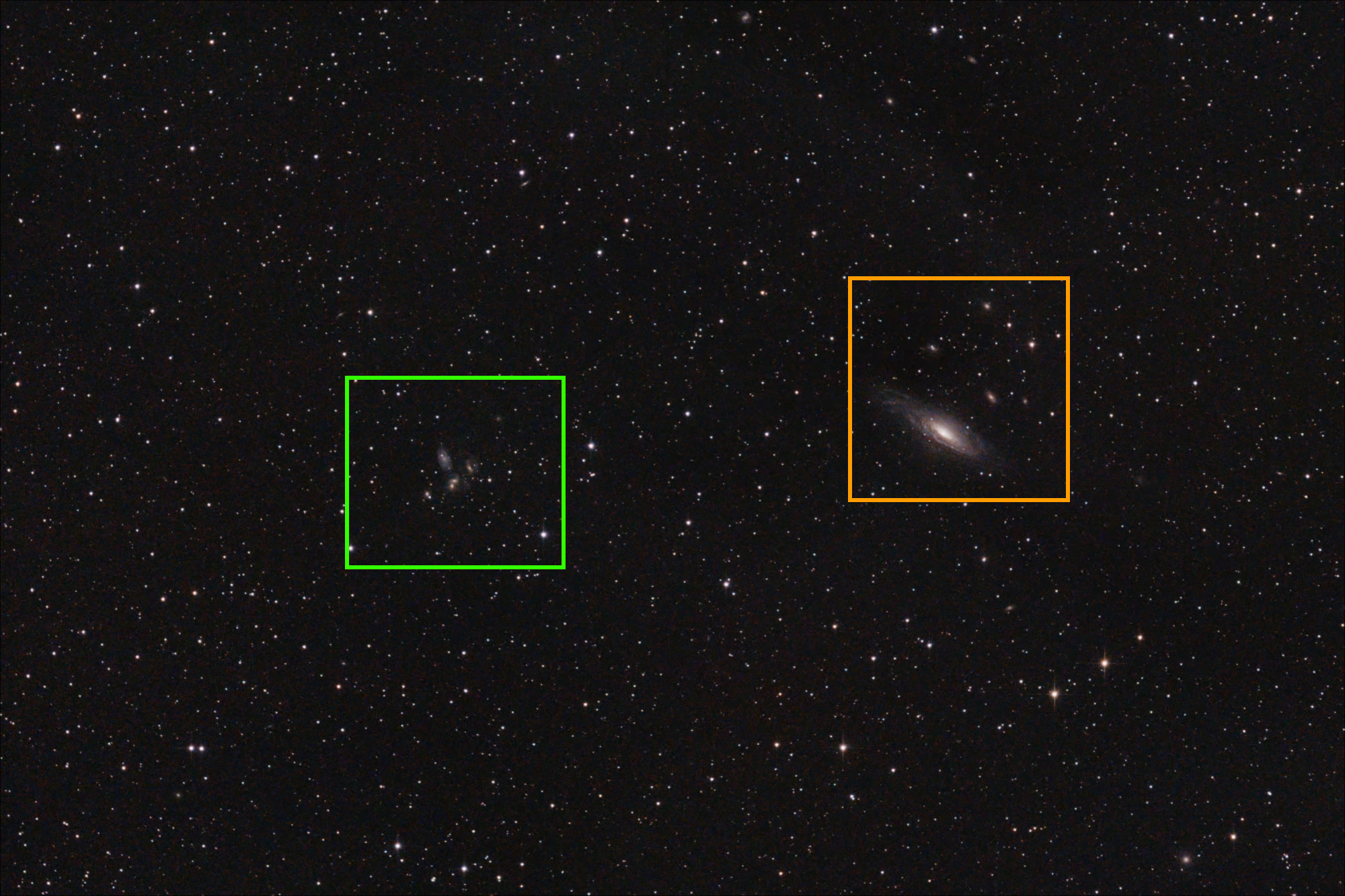 To aid it identifying the small galaxies, the Deer Lick Group is marked in orange, with Stephen&rsquo;s Quintet marked in green.