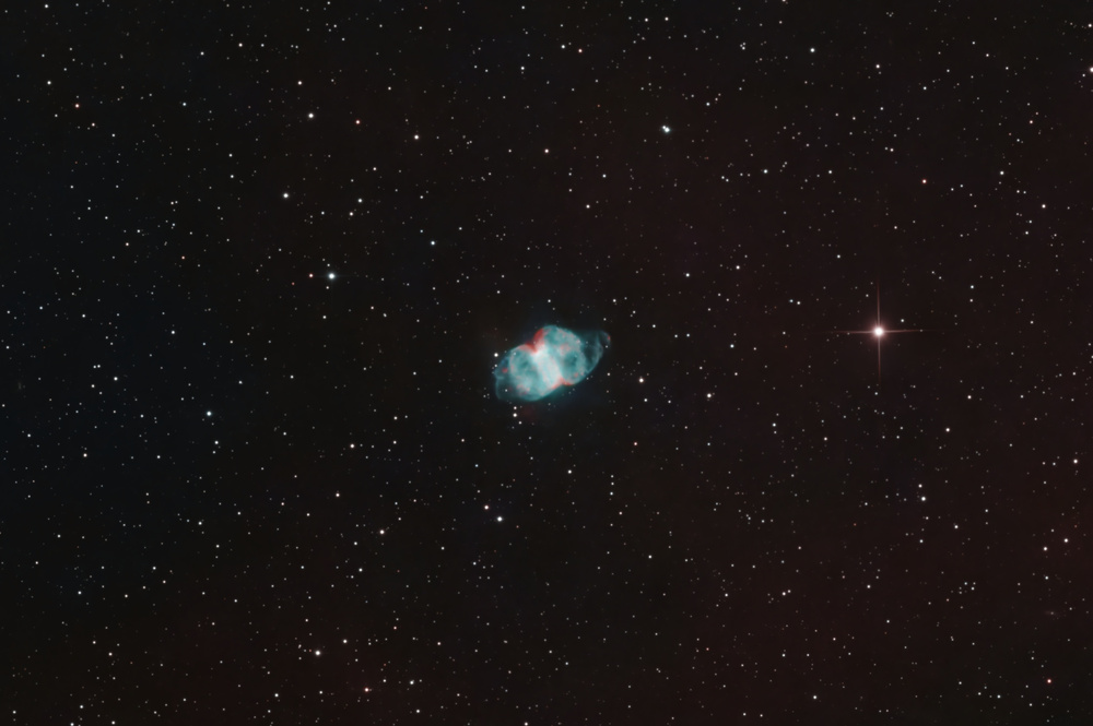 5h25m (65 x 5min) Dualband. Processed with DeepSNR and BlurX. Cropped. Smaller than M1.