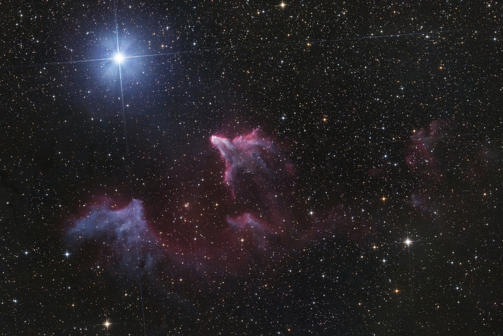 24h16m (728 x 2min) Broadband. Processed with DeepSNR and BlurX. Cropped. Easily the longest exposure on here; for a competition. The bright star has blown away all the dust except the ghosts that remain and their hint of Ha glow.