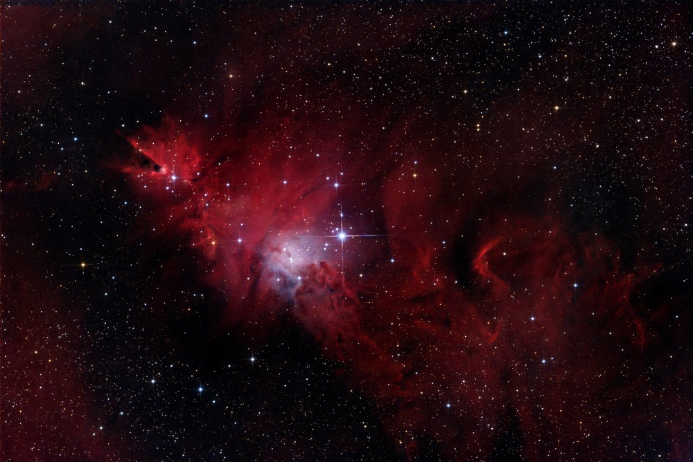 1h15m (15 x 5min) Dualband + 27min (9 x 3min) Broadband. Processed with GraXpert. This was processed more like the Horsehead nebula with continuum subtraction and recombination with broadband, but with very minimal exposure time. Potentially the lowest quality image on this post, but a really interesting target. You can see the uncorrected coma before I fixed some backspacing issues in this image, but BlurX would have removed it.