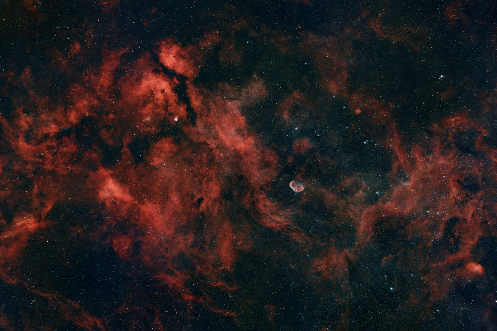 Similar to the Cygnus Loop image earlier, this one came from my yet-undisclosed widefield rig and has the Crescent Nebula visible just right and below center. Processed with NoiseX and BlurX, which did a heroic job cleaning up the bad stars.