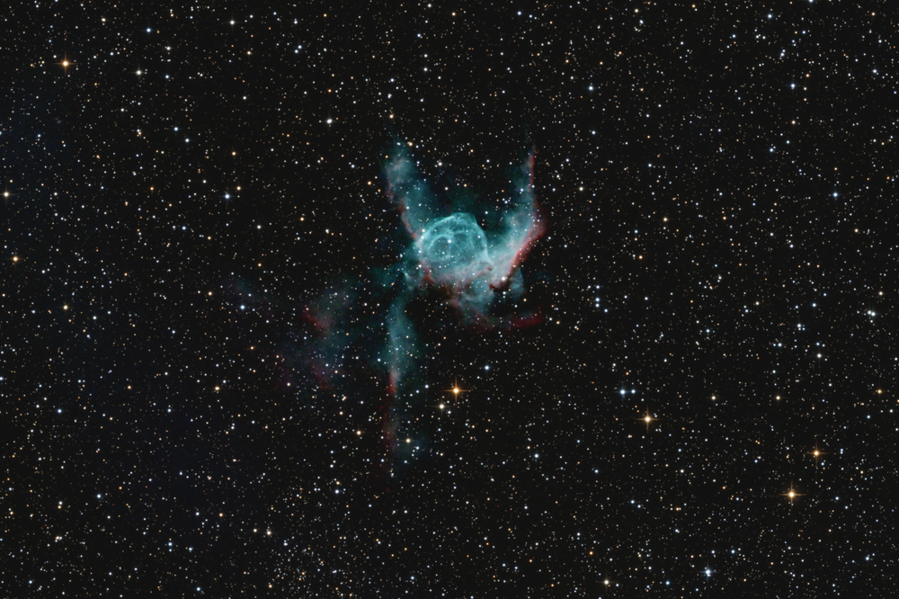 4hr (127 x 2min) Broadband. Processed with NoiseX and BlurX. Cropped. Notable for a large amount of Oiii (teal) and minimal Ha (red) powered by a central star.