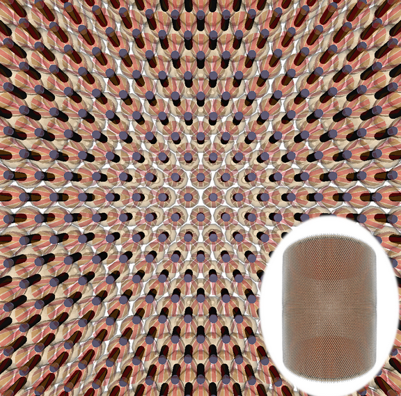 A right cylinder detector with 50 kt of liquid scintillator using dichroicon light detectors on the cylindrical boundary. The background is the detail of one wall of the detector, showing tiled dichroicons, while the full detector is shown in an oval inset.