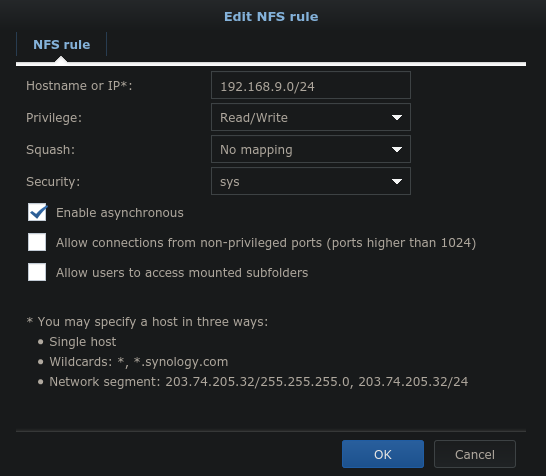 The Synology NFS permissions window.