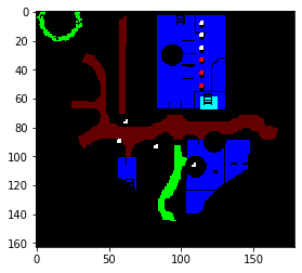 A diagnostic view of an algorithm to find bankers near the South side of the bank (magenta) based on their proximity to a particular room (cyan), also showing the identification of certain nearby roads (green,red).