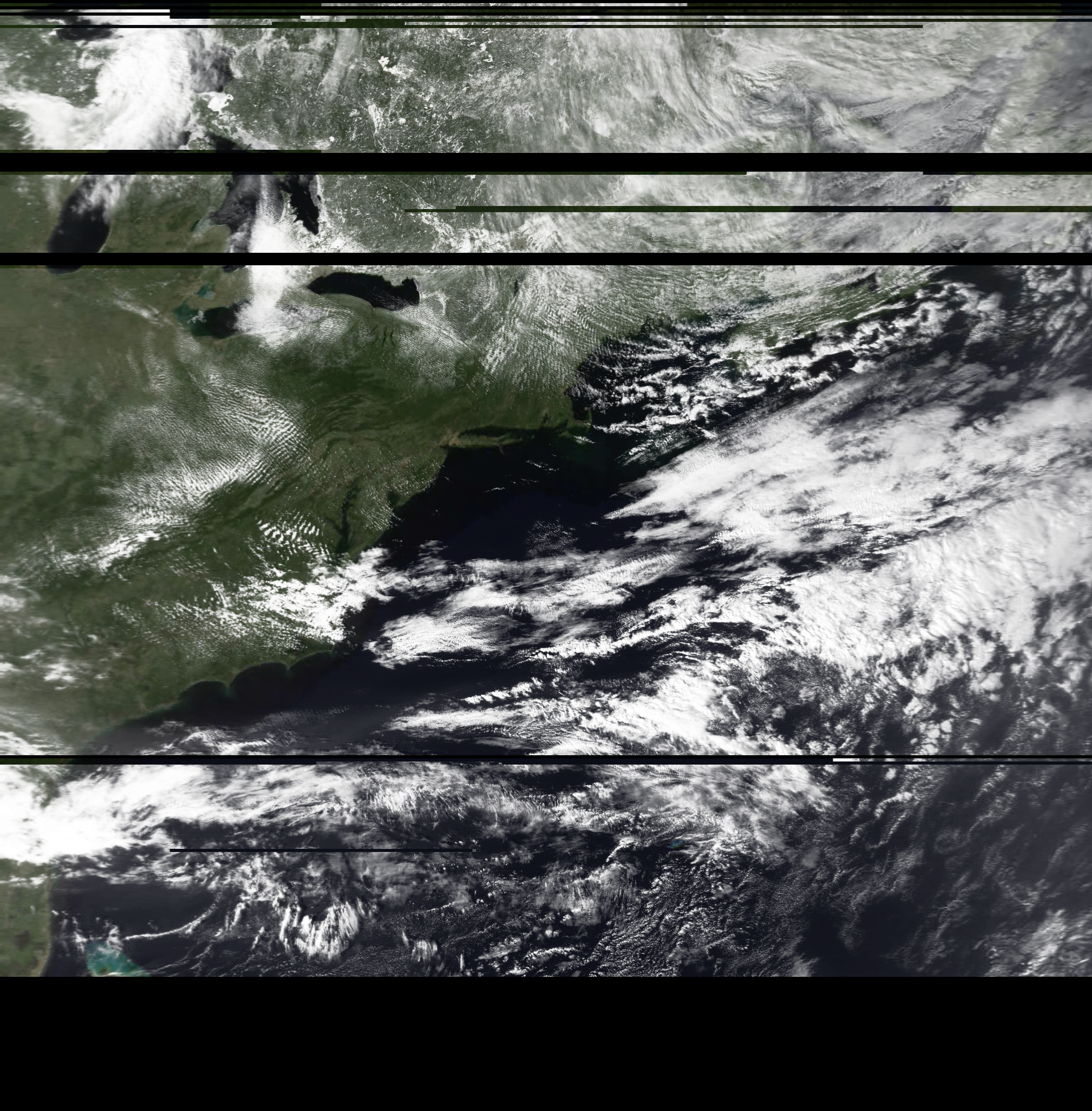 The East Coast, Bahamas (!), Florida, and the Great Lakes are all clearly visible in this RGB M2-4 decode, along with some clouds of course. Particularly cool to see the shallow sea in the Bahamas vicinity, and even details like the Finger Lakes.