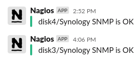 Slack notification via Nagios informing me all is good on the new Synology servers.