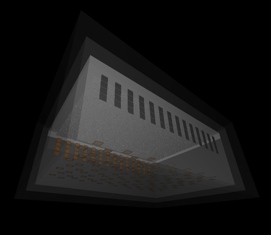 The &lsquo;vertical drift&rsquo; geometry where the ionized charge is pulled up strip lines at the top of the detector. Here the ARAPUCAs are colored orange, square tiles placed along two sides and the bottom of the detector.