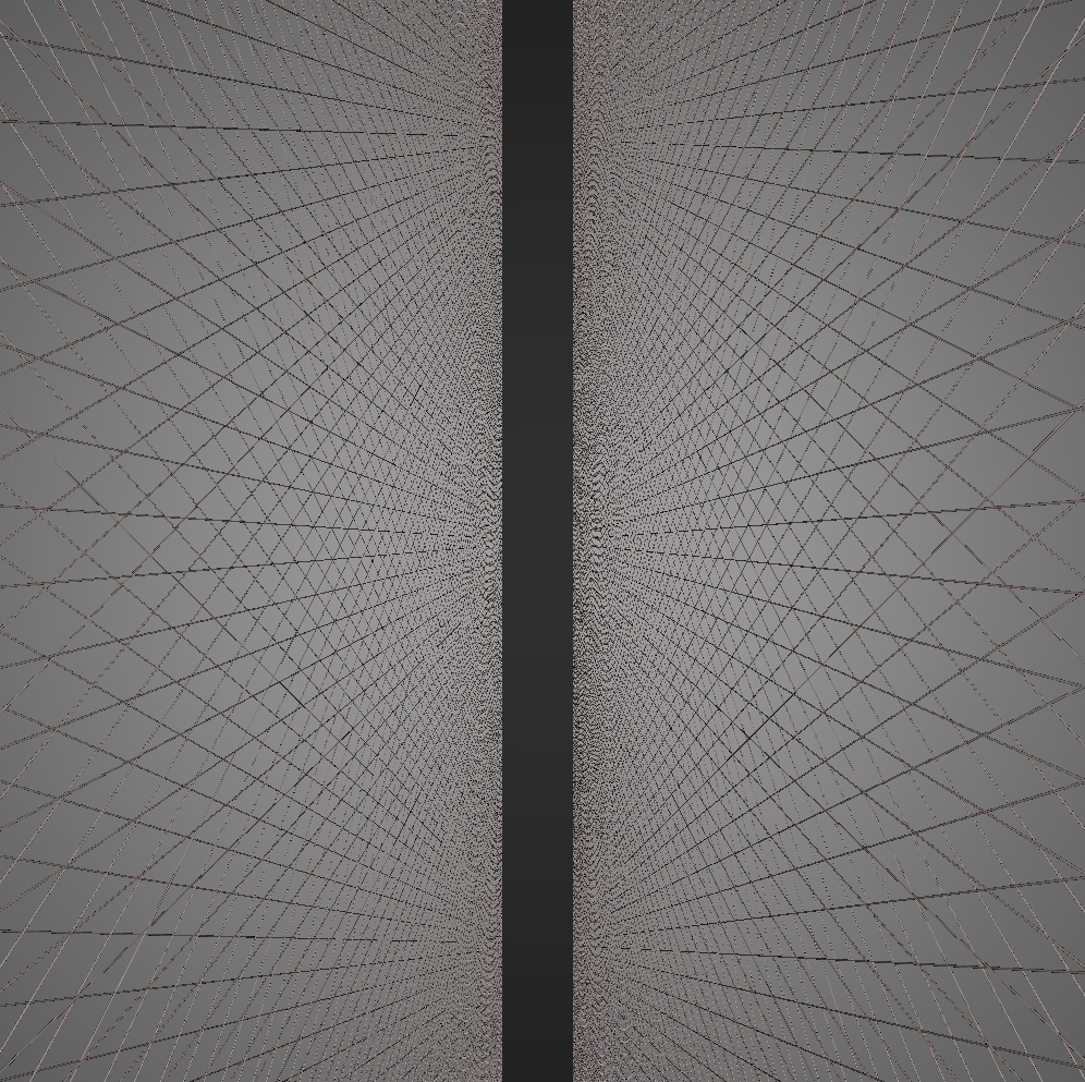 A close-up view of from inside the wire mesh in the &lsquo;horizontal drift&rsquo; geometry looking straight at the side of an ARAPUCA. The wire mesh is a few-mm pitch of small wires for collecting ionized charge, and are at three different angles on each side. Physics, not art.